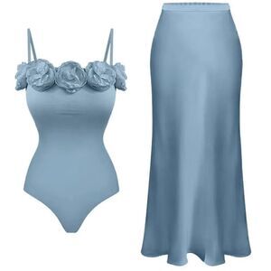 FLAXMAKER Floral Decor One Piece Swimsuit And Skirt Size S.
